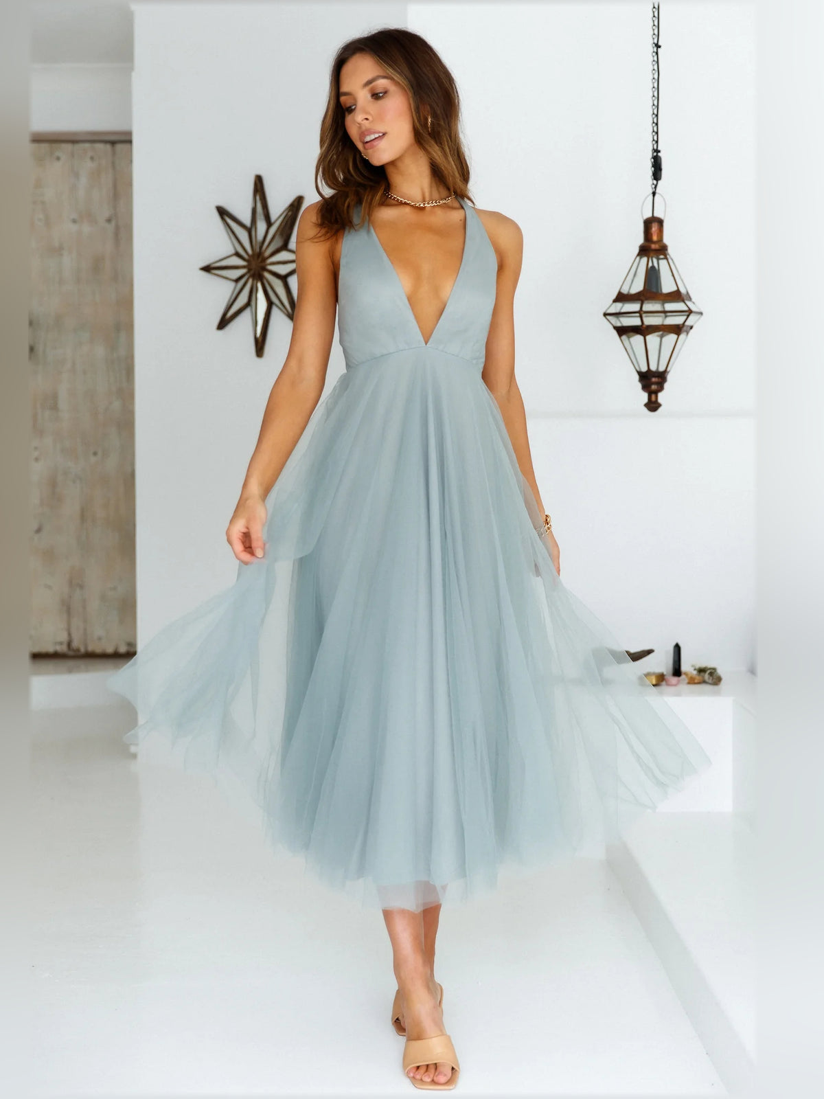 Sage midi formal dress, full-length front view