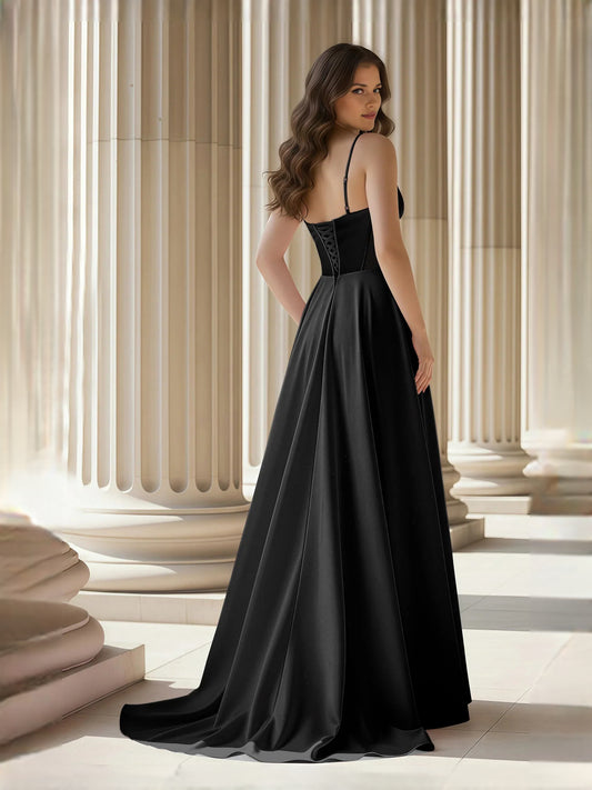 Black floor-length prom dress, front view showing the a-line silhouette