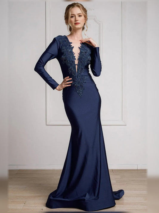Navy Blue mermaid floor-length formal dress with V-neckline, full-length front view
