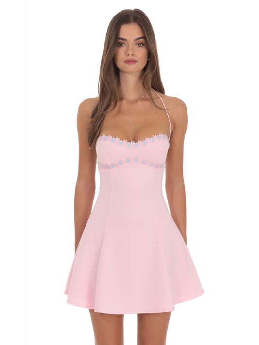 Pink mini homecoming dress, front view showing the fit-and-flare silhouette