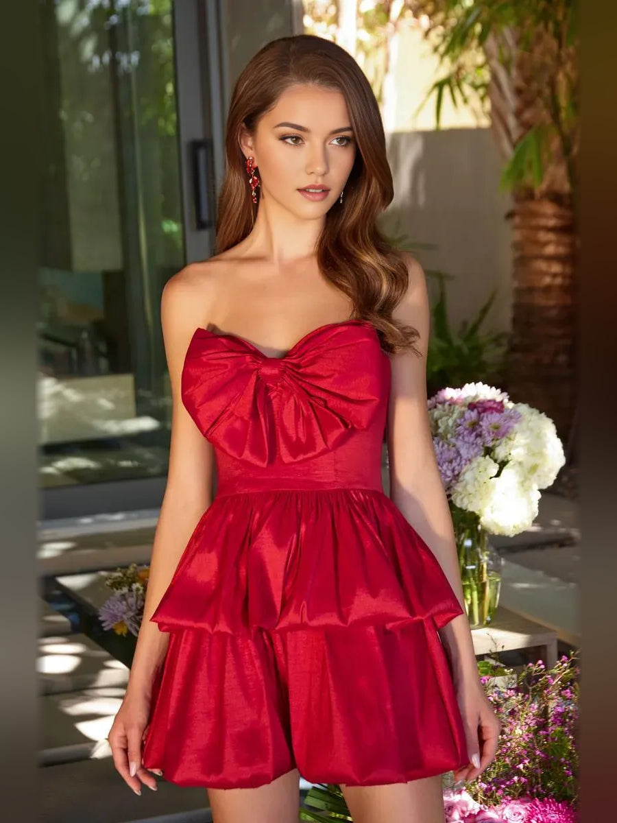 Red mini homecoming dress, alternate view showing the full-length silhouette