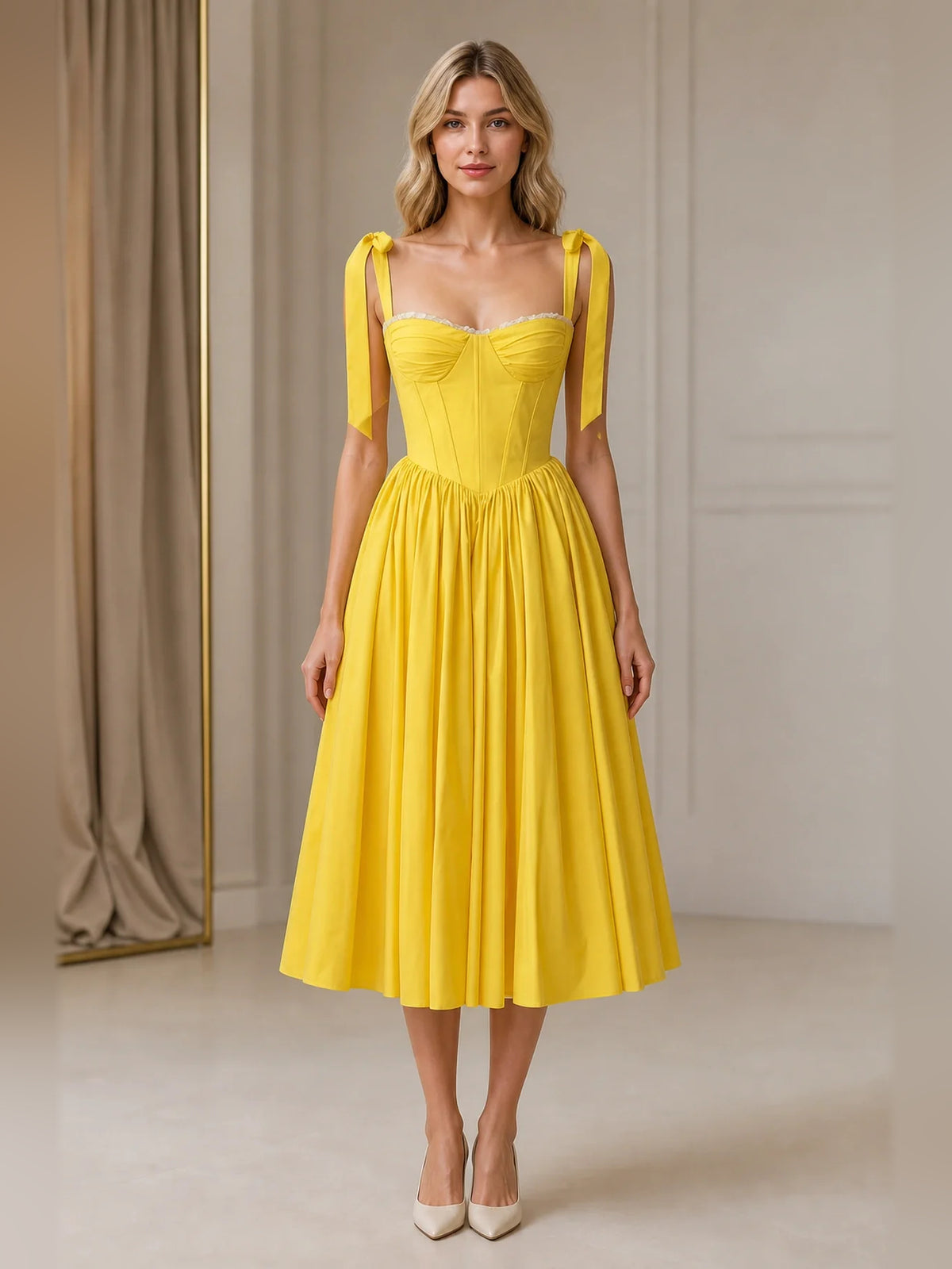 Yellow midi homecoming dress, alternate view showing the full-length silhouette