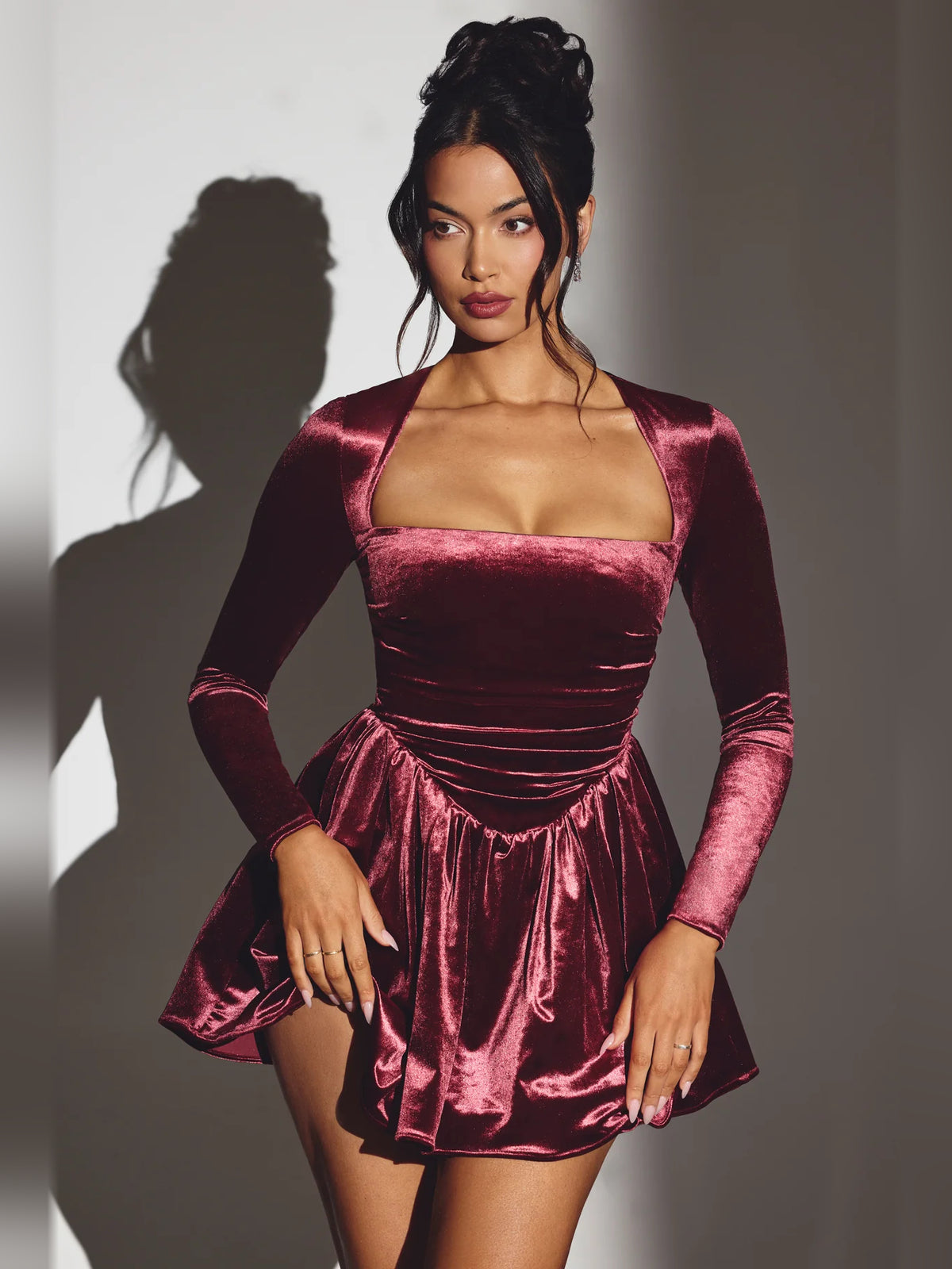 Wine mini homecoming dress, front view showing the silhouette