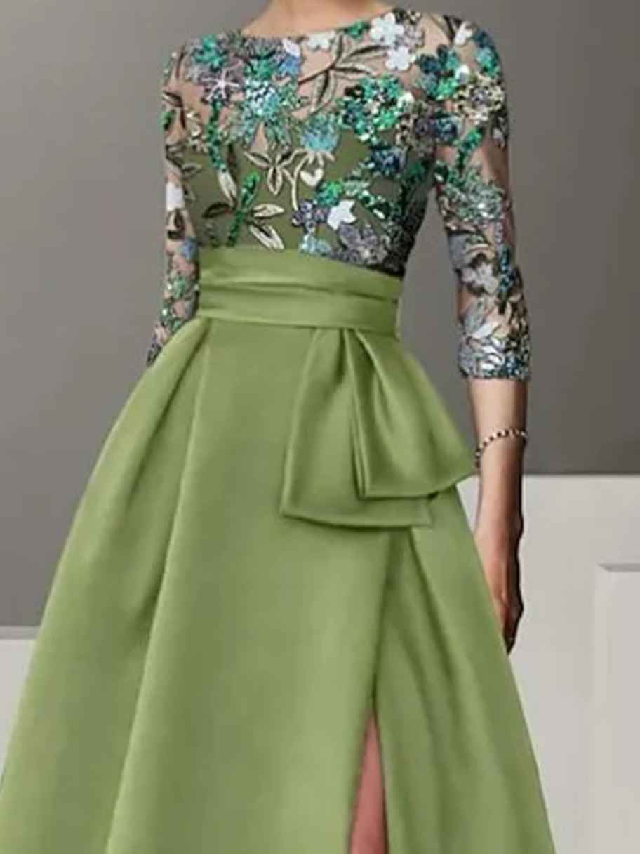 Sage Green a-line floor-length formal dress with floral print, full-length front view