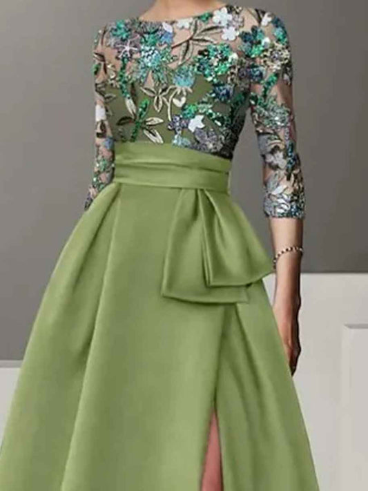 Sage Green a-line floor-length formal dress with floral print, full-length front view
