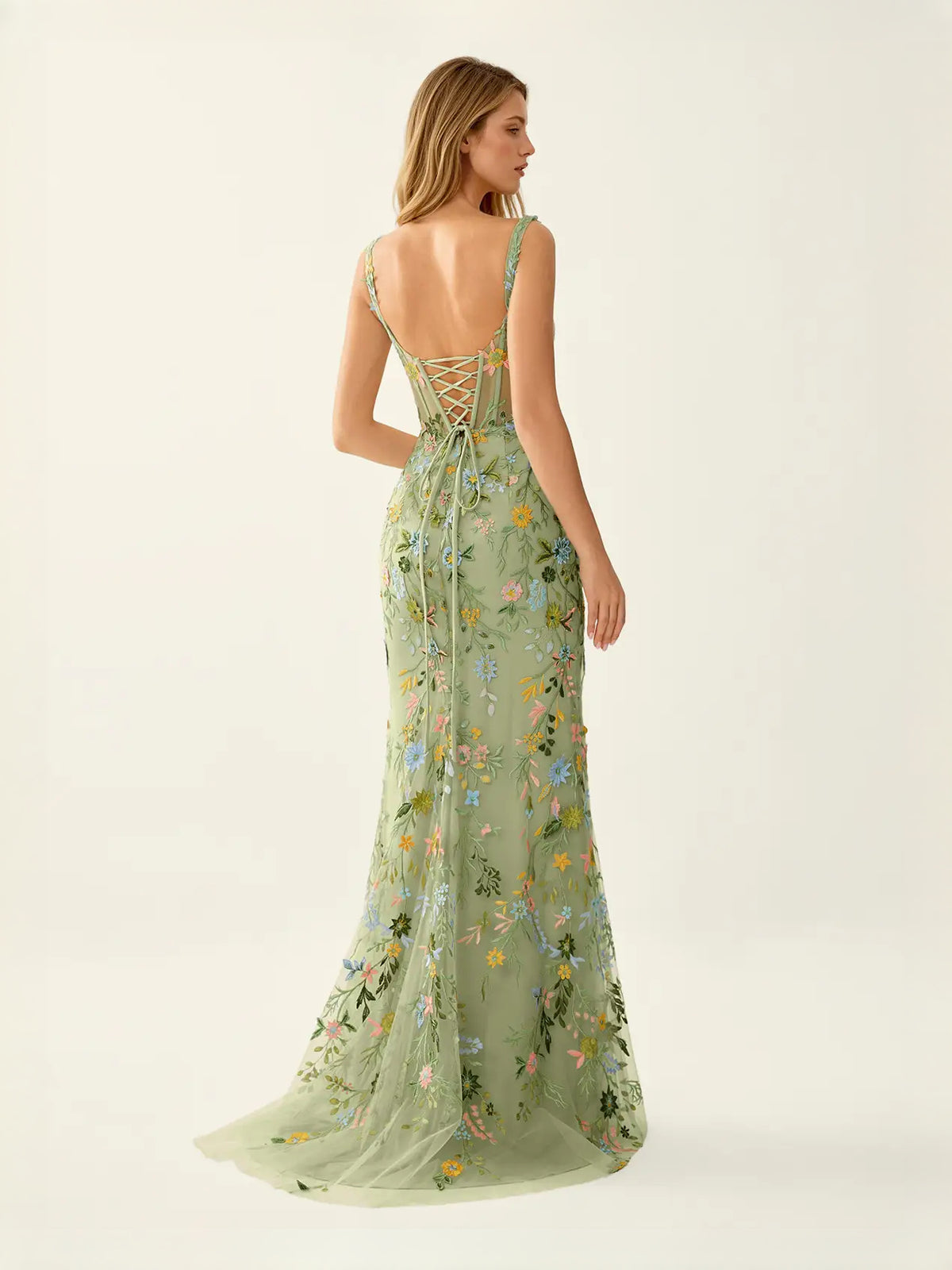 Dusty Blue maxi prom dress, front view showing the mermaid silhouette