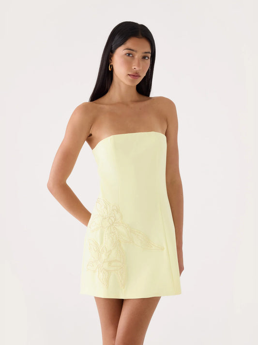 Yellow mini homecoming dress, front view showing the silhouette