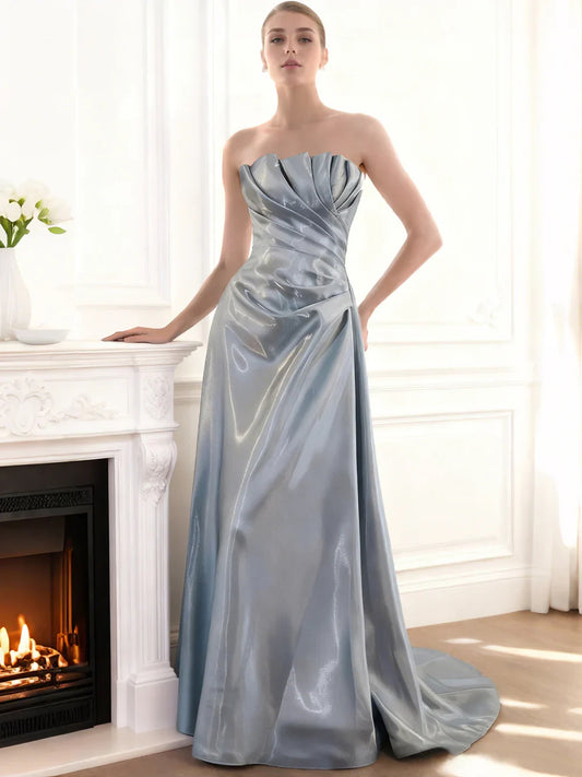 Dusty Blue a-line floor-length formal dress with strapless neckline, full-length front view