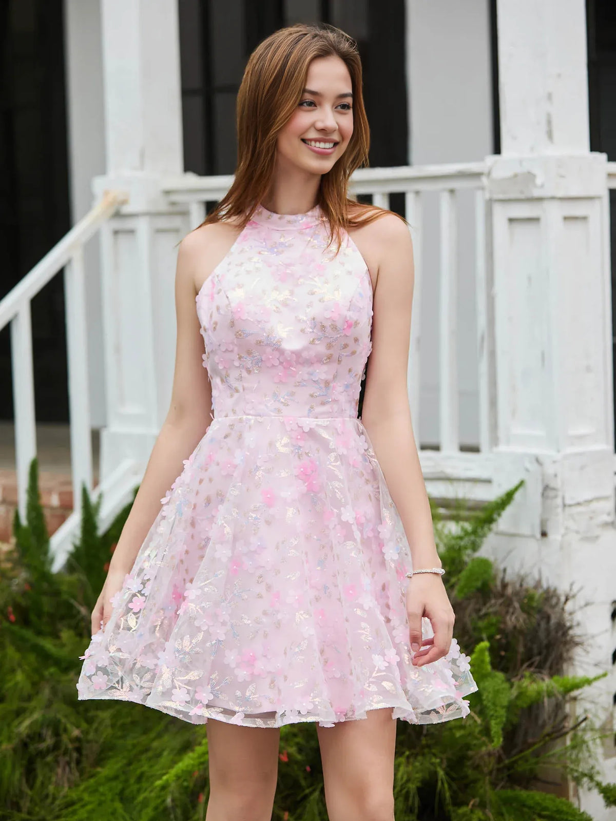 Blush Pink mini homecoming dress, alternate view showing the full-length silhouette