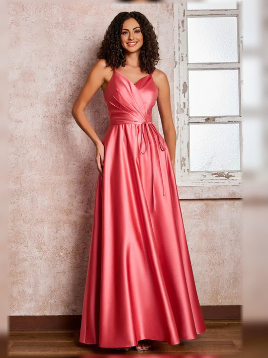 Watermelon a-line floor-length formal dress with V-neckline, full-length front view