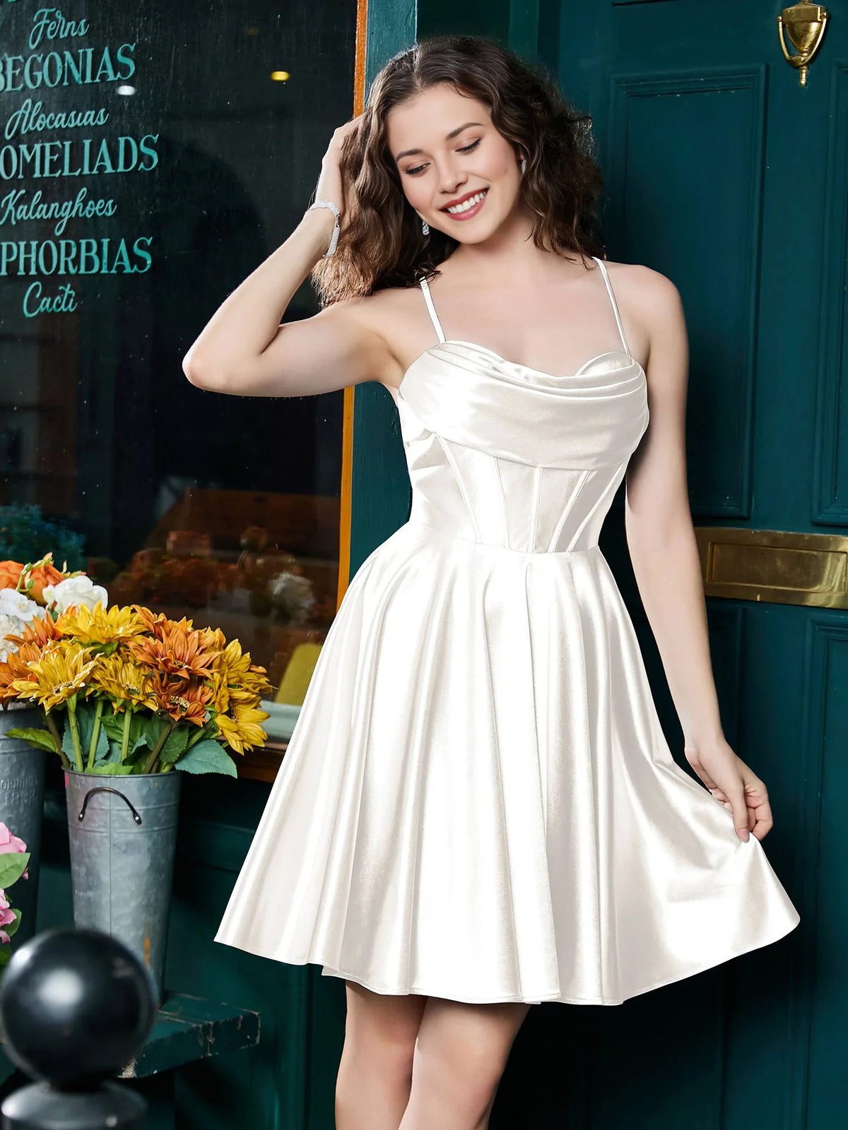 Ivory mini homecoming dress, alternate view showing the full-length silhouette