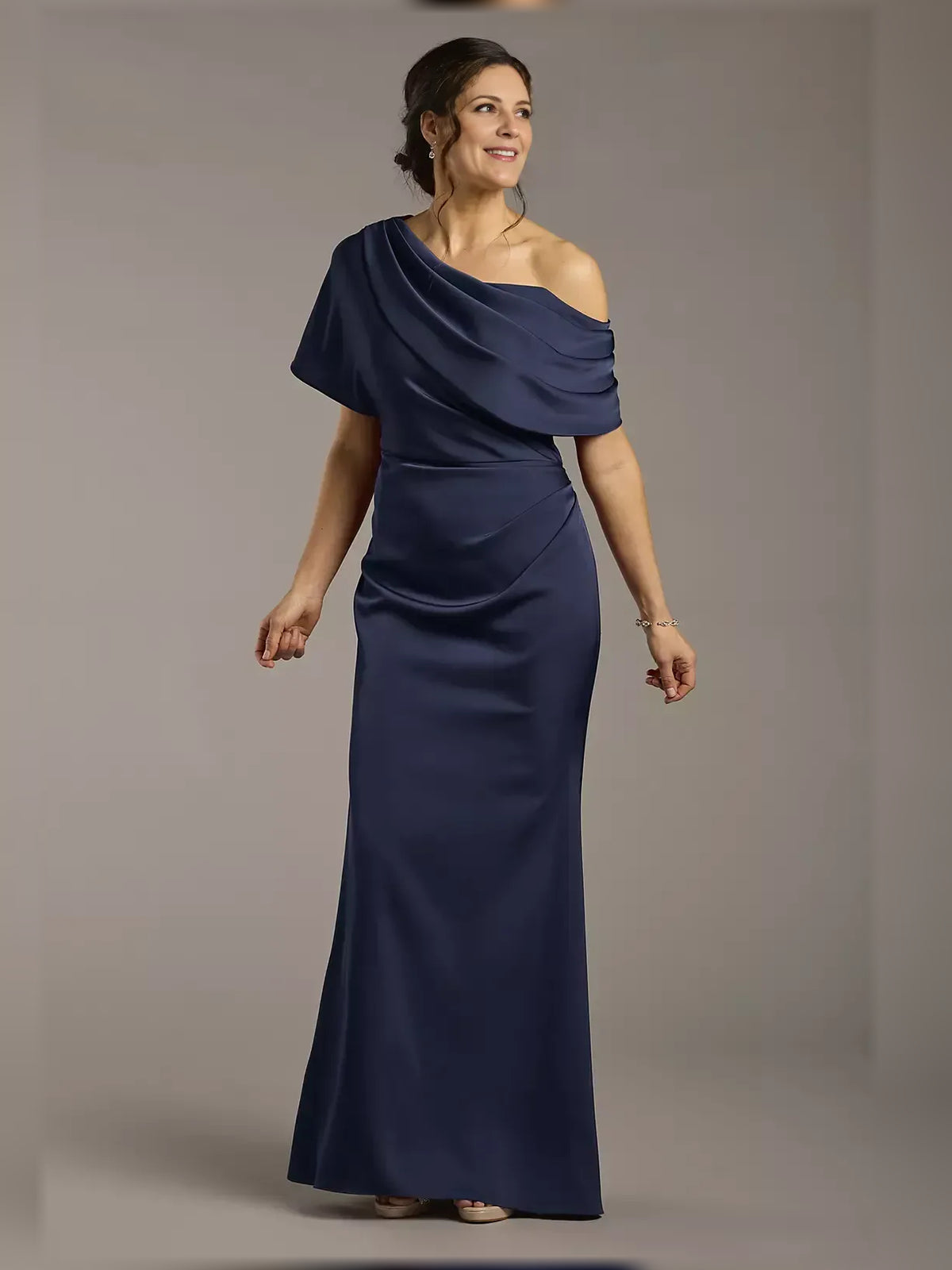 Navy Blue floor-length mother of the bride dress, front view showing the sheath silhouette