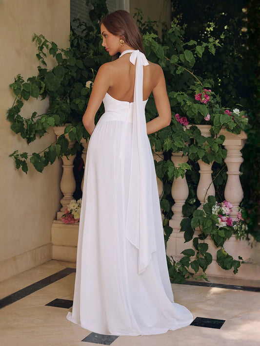 Ivory floor-length wedding dress, front view showing the a-line silhouette