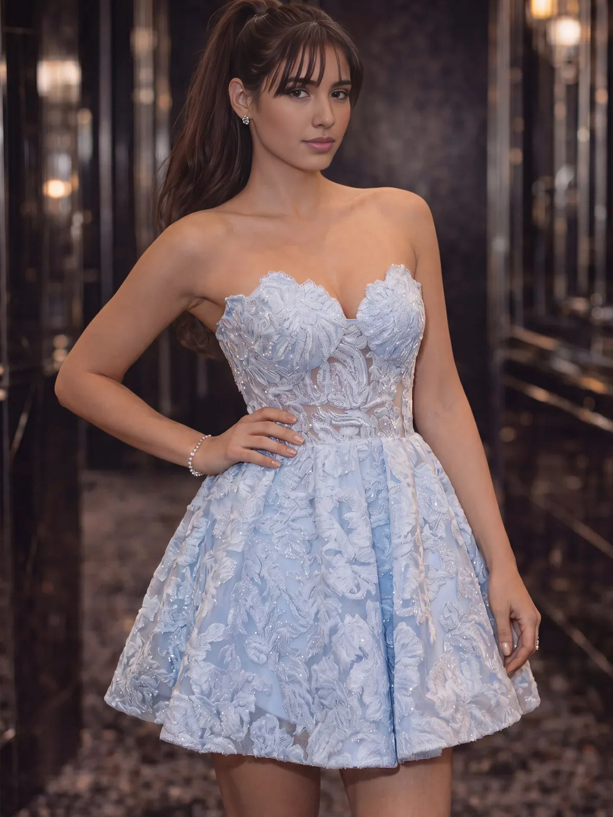 Light Blue mini homecoming dress, alternate view showing the full-length silhouette