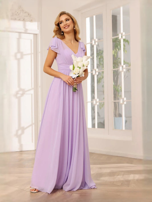 Lilac floor-length bridesmaid dress, front view showing the a-line silhouette