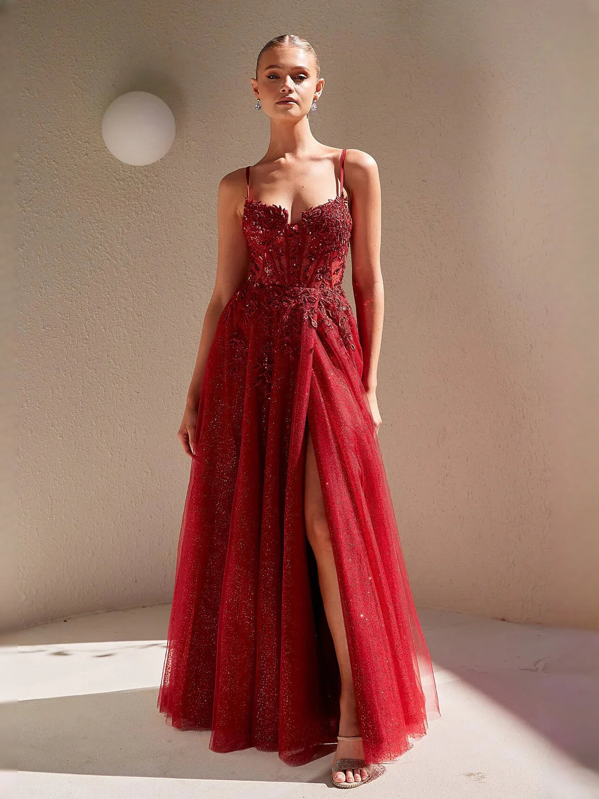 Wine maxi prom dress, front view showing the a-line silhouette