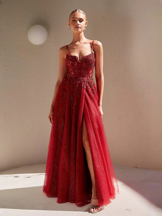 Wine maxi prom dress, front view showing the a-line silhouette