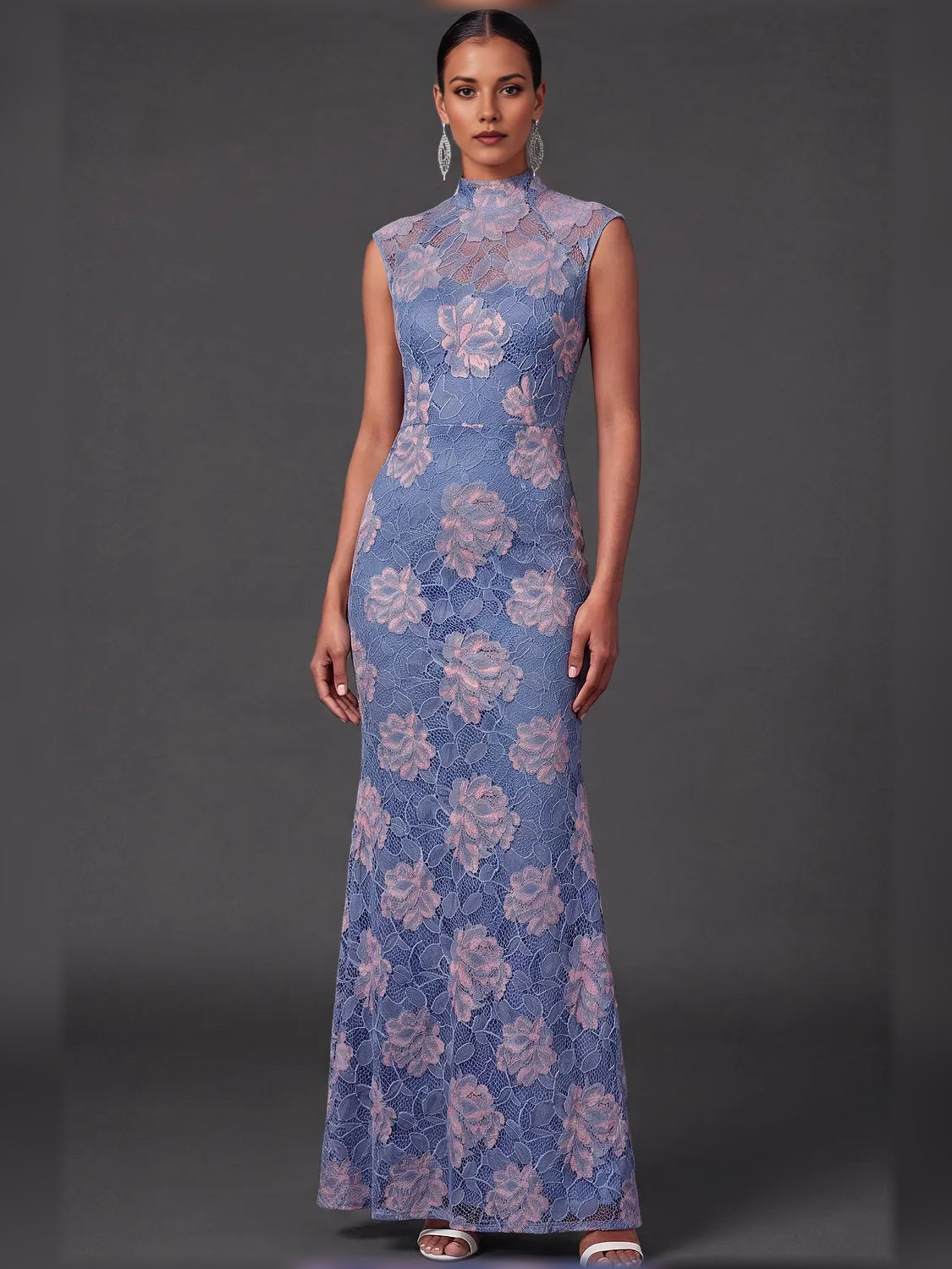 Floral maxi mother of the bride dress, front view showing the mermaid silhouette