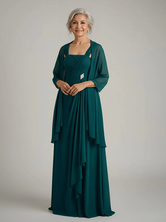 Peacock floor-length mother of the bride dress, front view showing the a-line silhouette