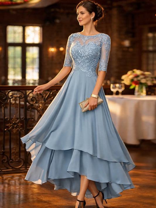 Dusty Blue high-low mother of the bride dress, front view showing the a-line silhouette