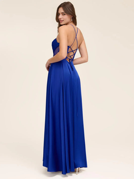 Cobalt Blue floor-length prom dress, front view showing the a-line silhouette