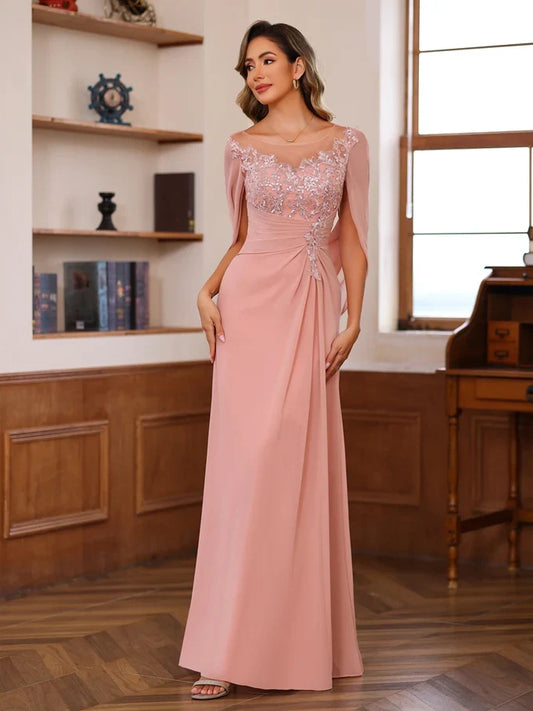 Dusty Pink floor-length mother of the bride dress, front view showing the sheath silhouette