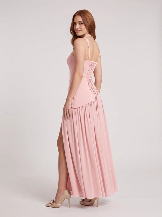 Ivory floor-length bridesmaid dress, front view showing the a-line silhouette