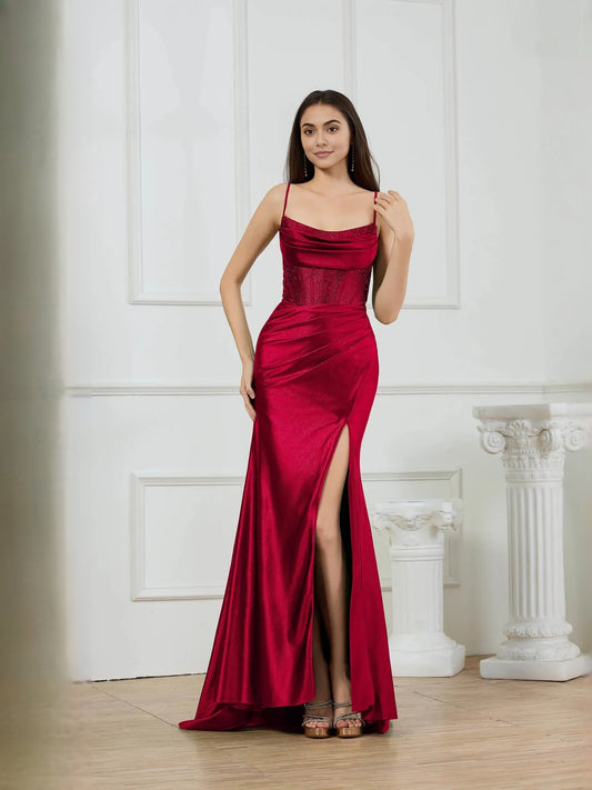Red mermaid floor-length formal dress with cowl neckline, full-length front view