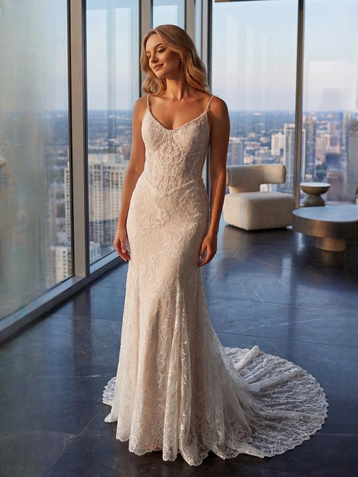 Ivory floor-length wedding dress, front view showing the mermaid silhouette