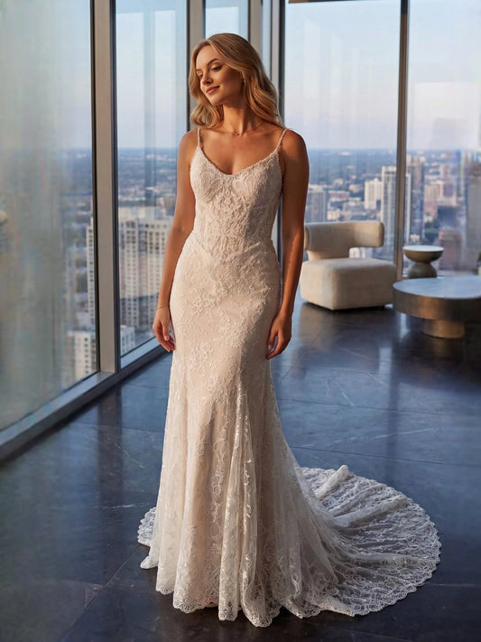 Ivory floor-length wedding dress, front view showing the mermaid silhouette