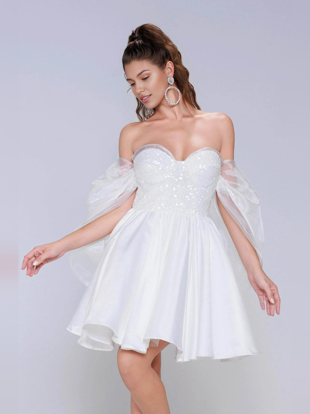 White short homecoming dress, alternate view showing the full-length silhouette
