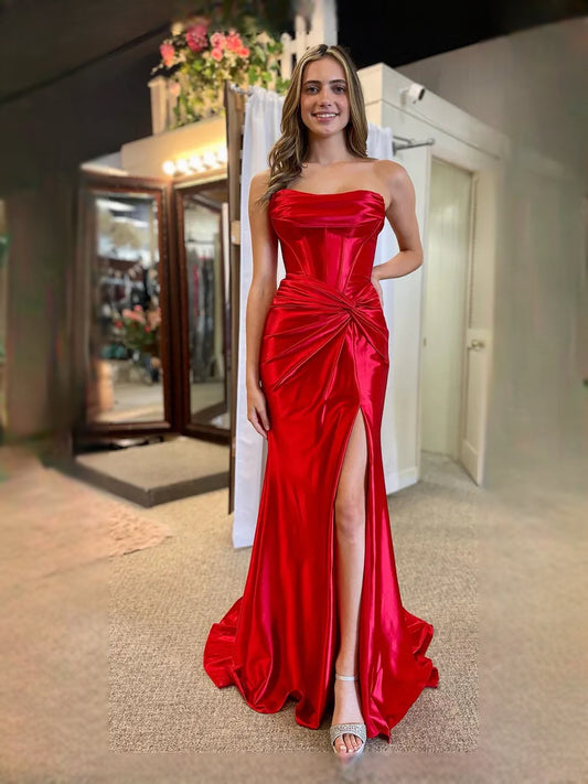 Red floor-length prom dress, front view showing the mermaid silhouette