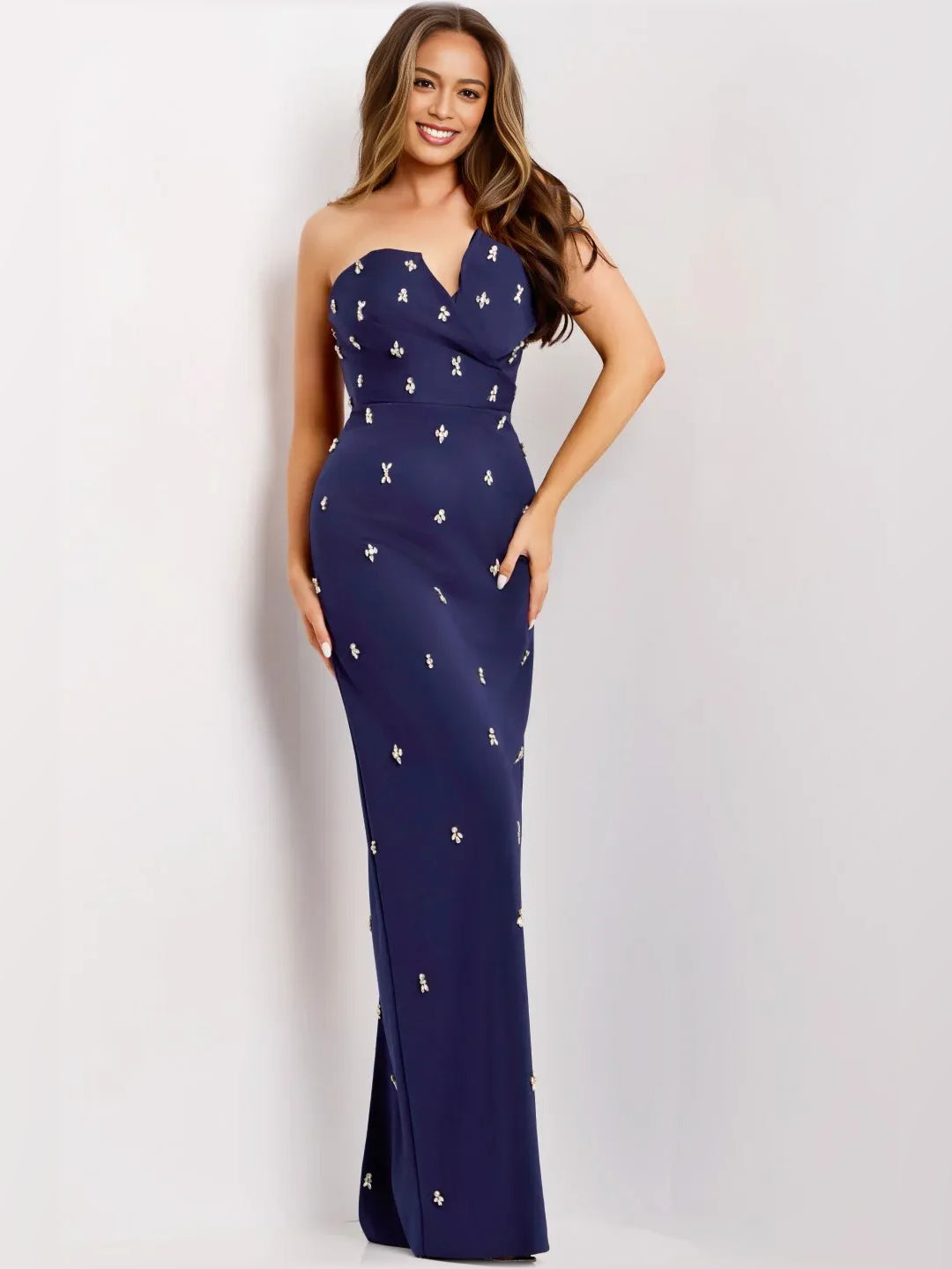 Navy Blue mermaid floor-length formal dress with sweetheart neckline, full-length front view