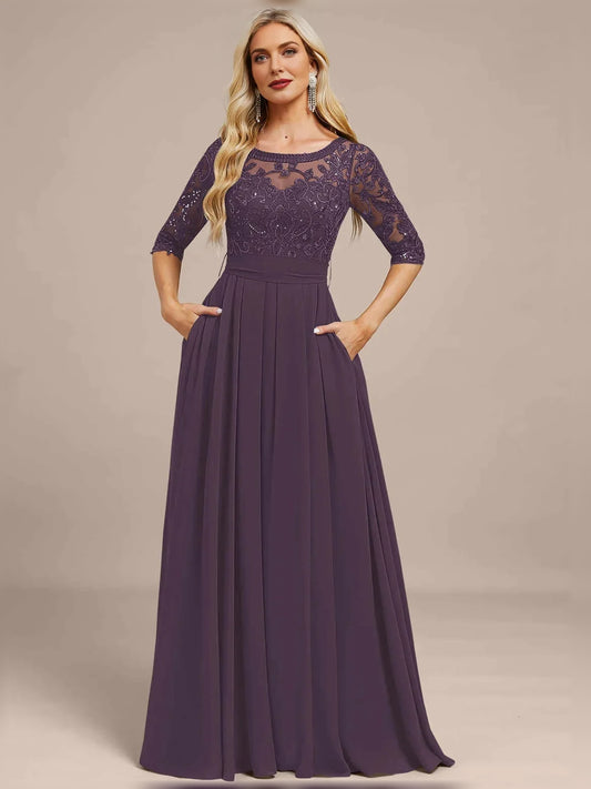Deep Purple floor-length mother of the bride dress, front view showing the a-line silhouette