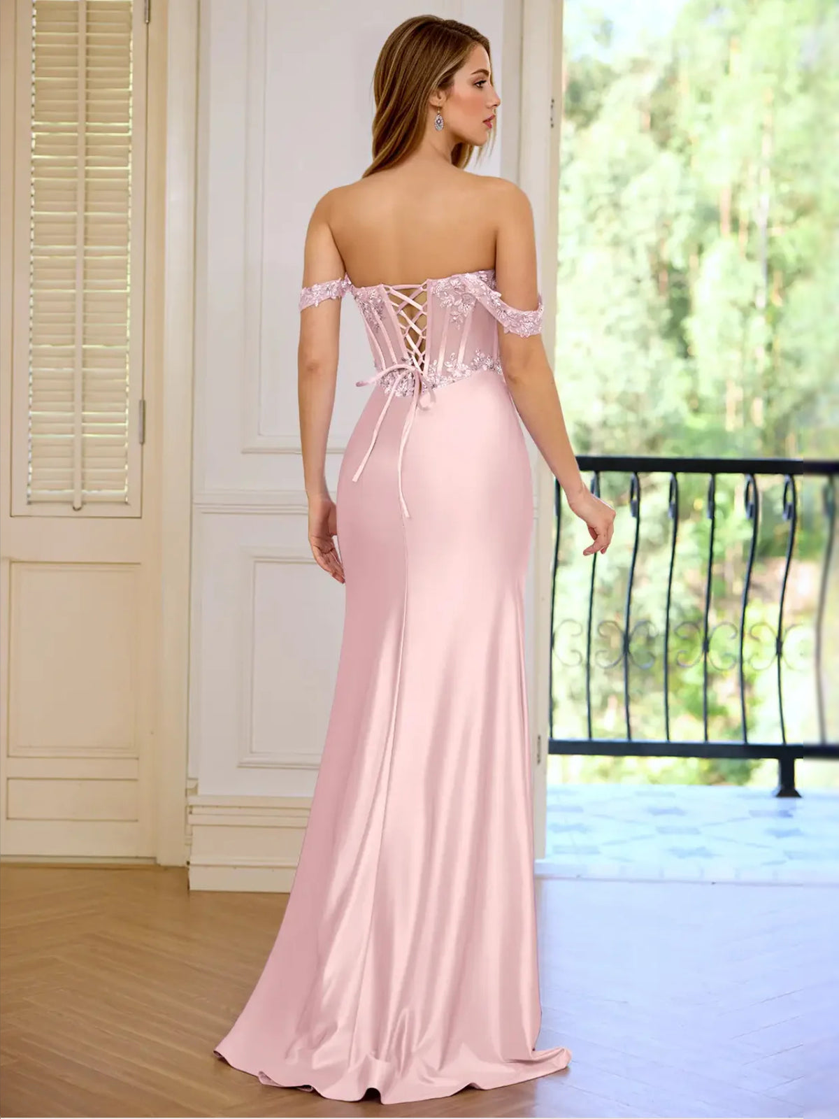 Pink floor-length prom dress, front view showing the mermaid silhouette