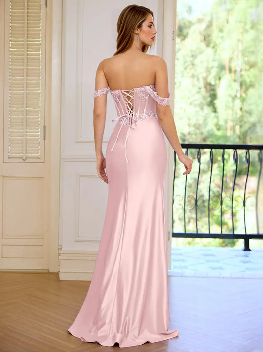 Pink floor-length prom dress, front view showing the mermaid silhouette