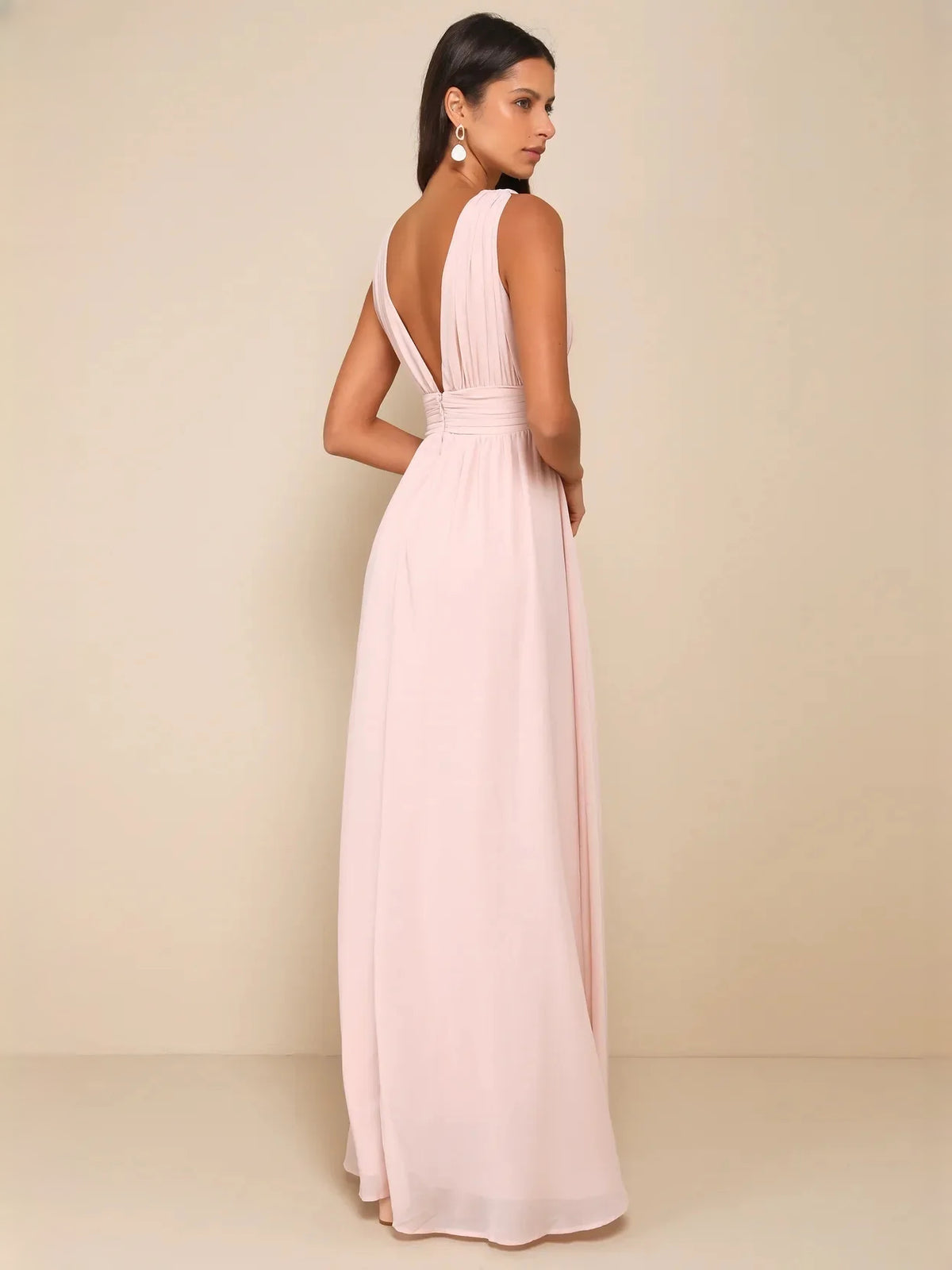 Light Pink maxi bridesmaid dress, front view showing the a-line silhouette