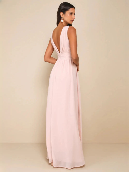 Light Pink maxi bridesmaid dress, front view showing the a-line silhouette