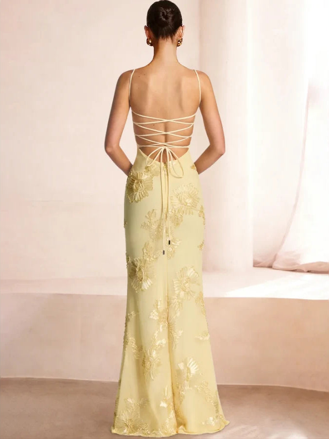 Yellow floor-length prom dress, front view showing the mermaid silhouette