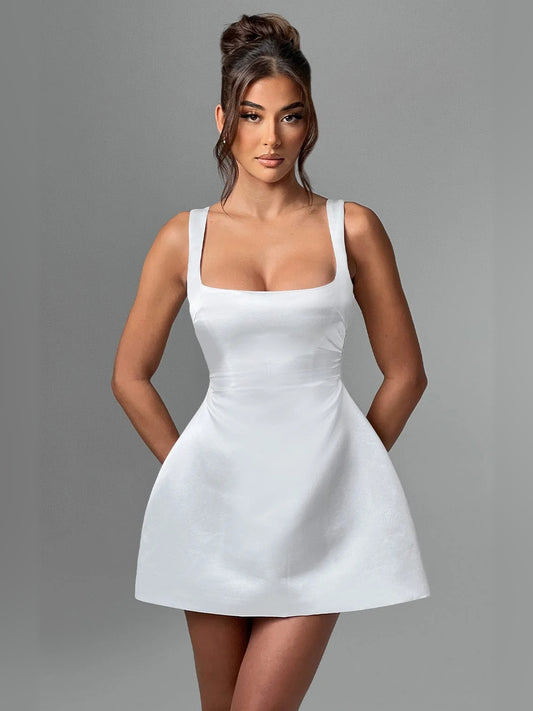 Ivory mini homecoming dress, front view showing the silhouette