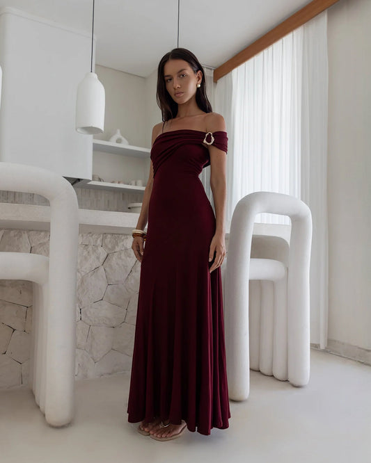off-shoulder mesh a-line maxi bridesmaid dress - image 1