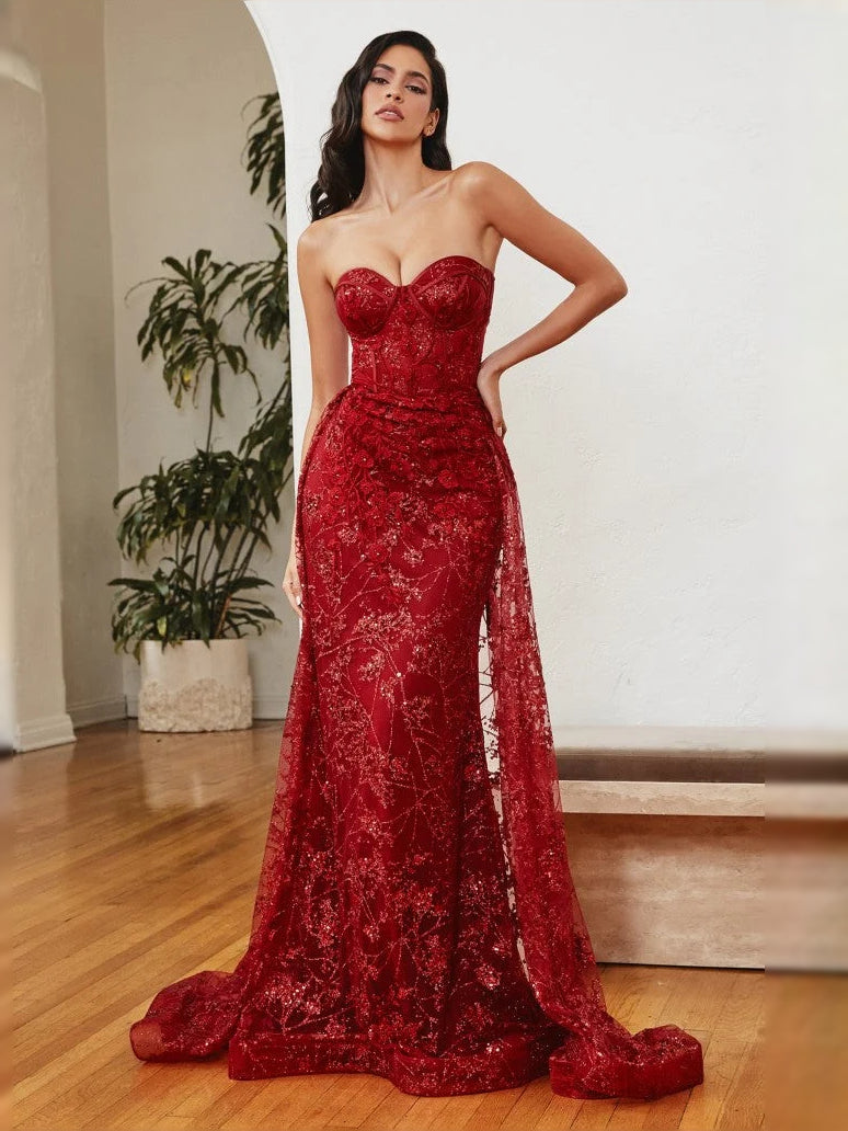 Burgundy floor-length prom dress, front view showing the mermaid silhouette