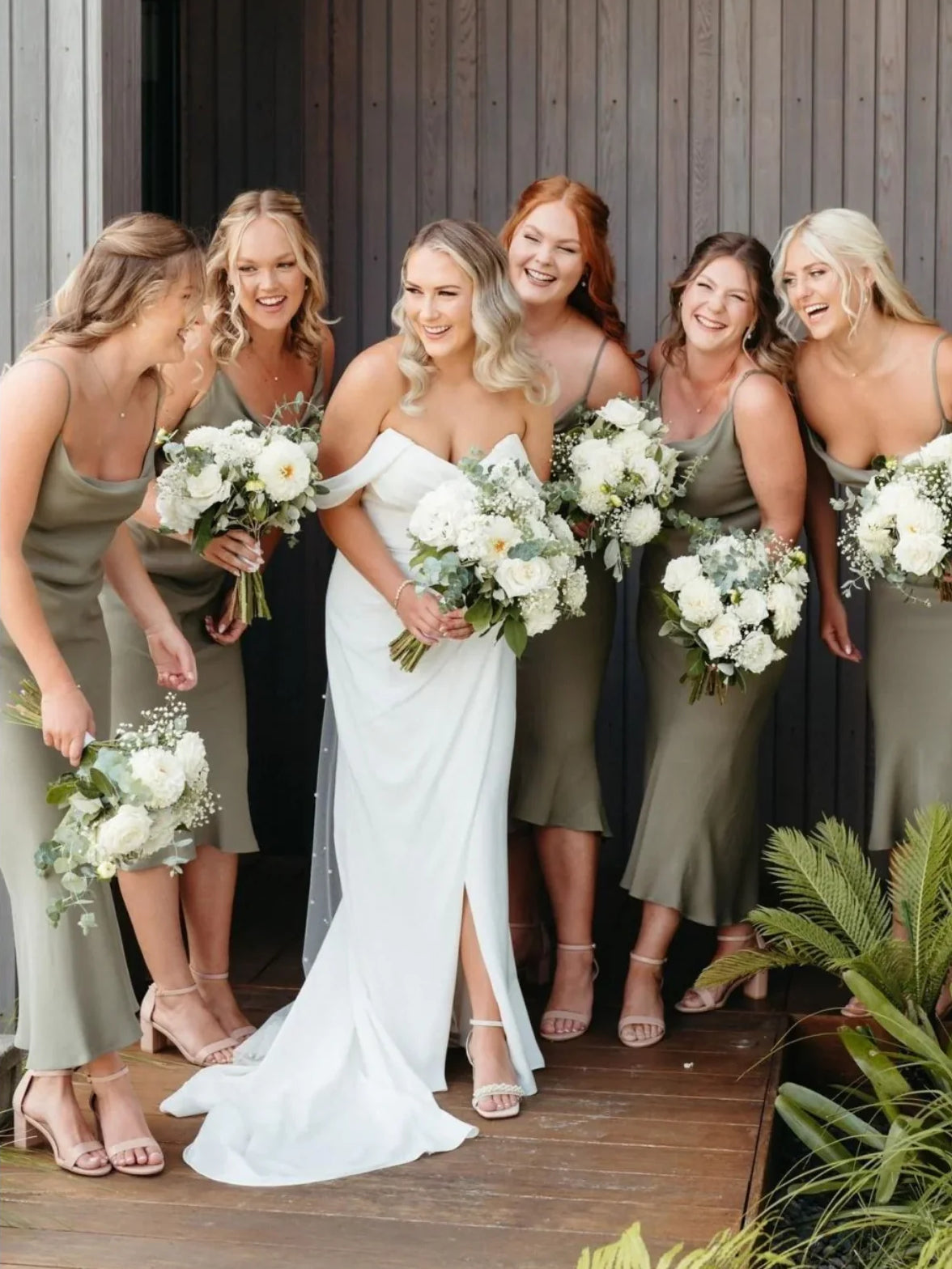 Olive Green tea-length bridesmaid dress, front view showing the a-line silhouette