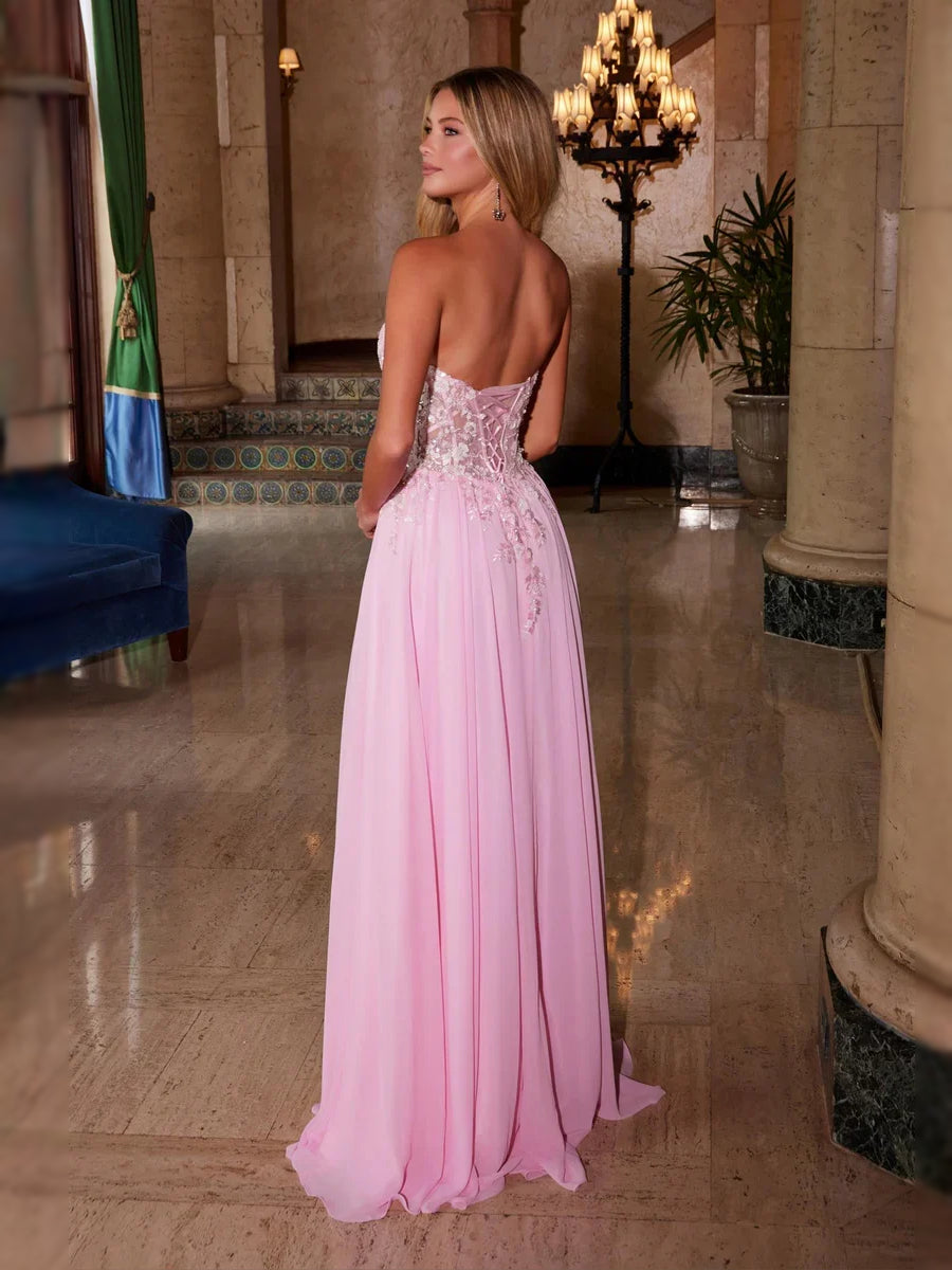 Pink floor-length prom dress, front view showing the a-line silhouette