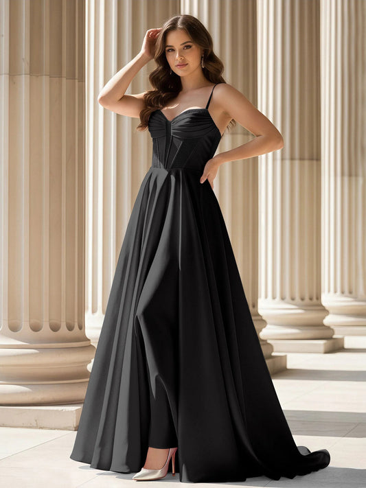Black maxi prom dress, front view showing the a-line silhouette