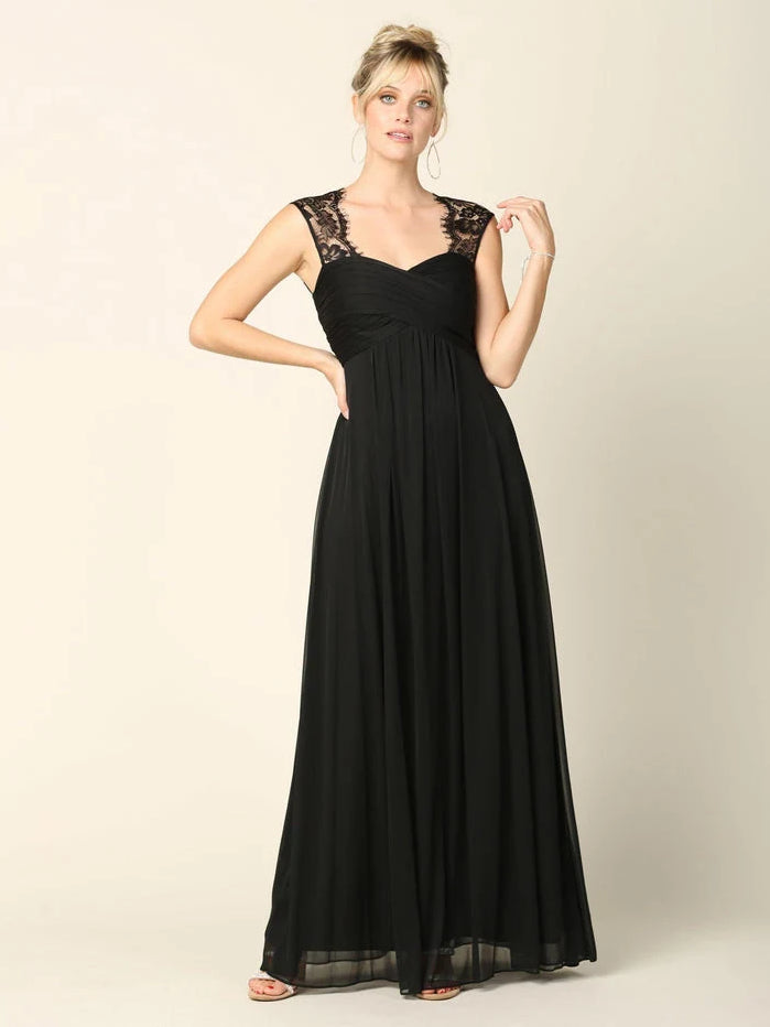 Black maxi bridesmaid dress, front view showing the a-line silhouette