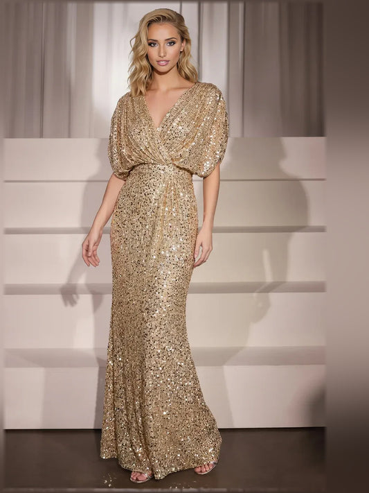 Gold mermaid floor-length formal dress with V-neckline, full-length front view