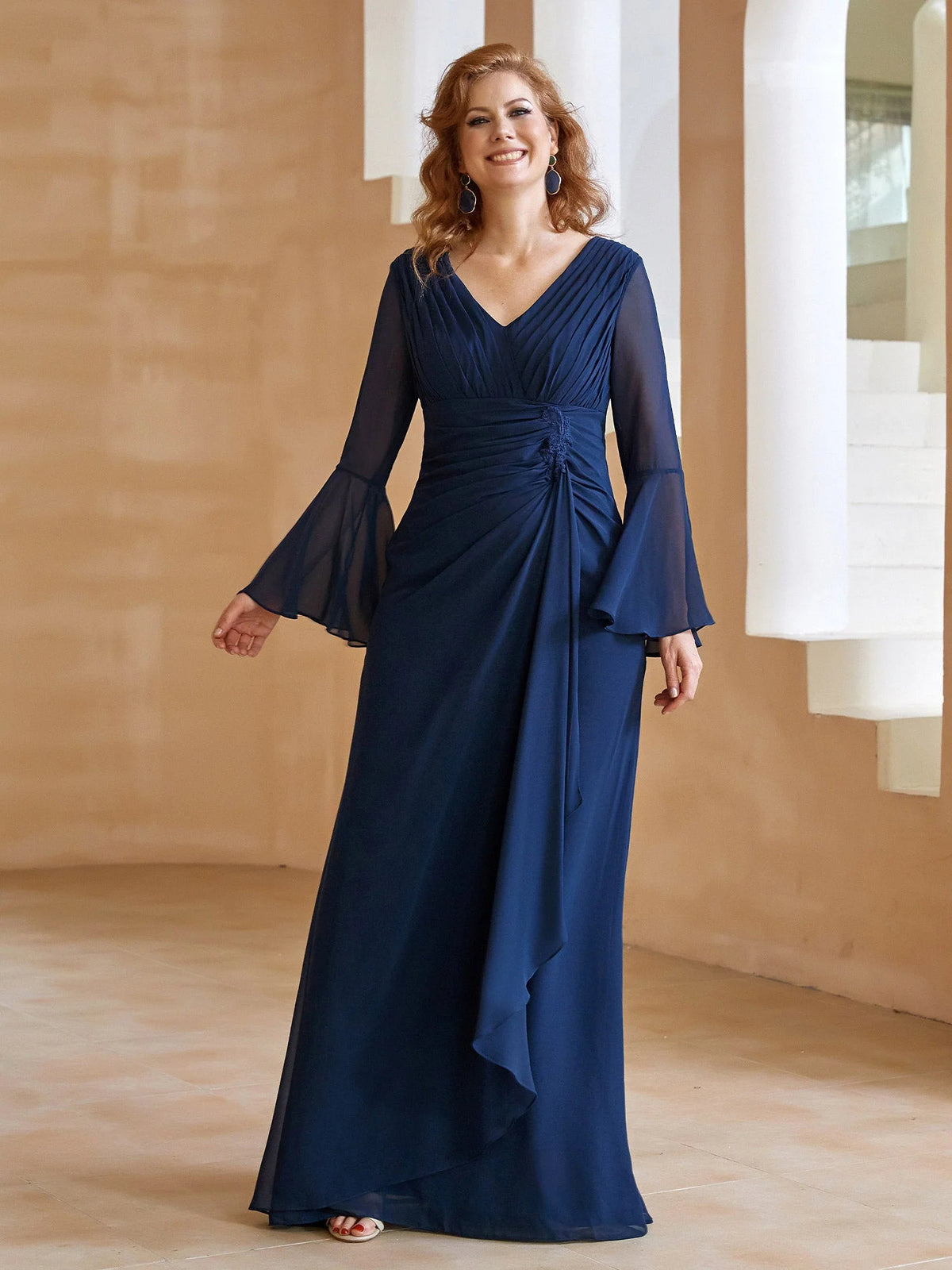 Dark Navy maxi mother of the bride dress, front view showing the a-line silhouette
