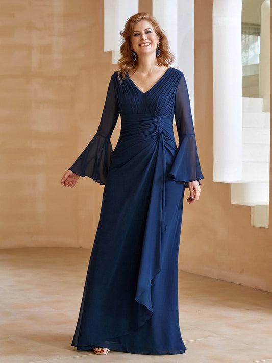 Dark Navy maxi mother of the bride dress, front view showing the a-line silhouette