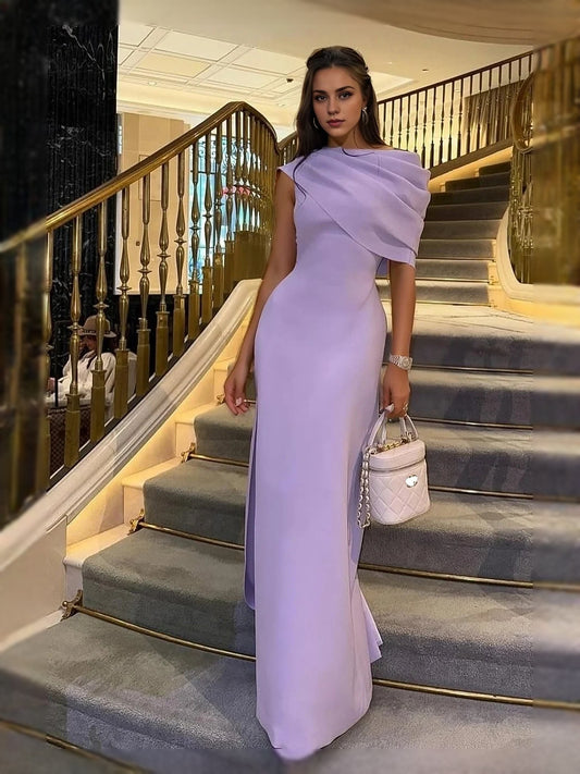 Lavender maxi prom dress, front view showing the sheath silhouette
